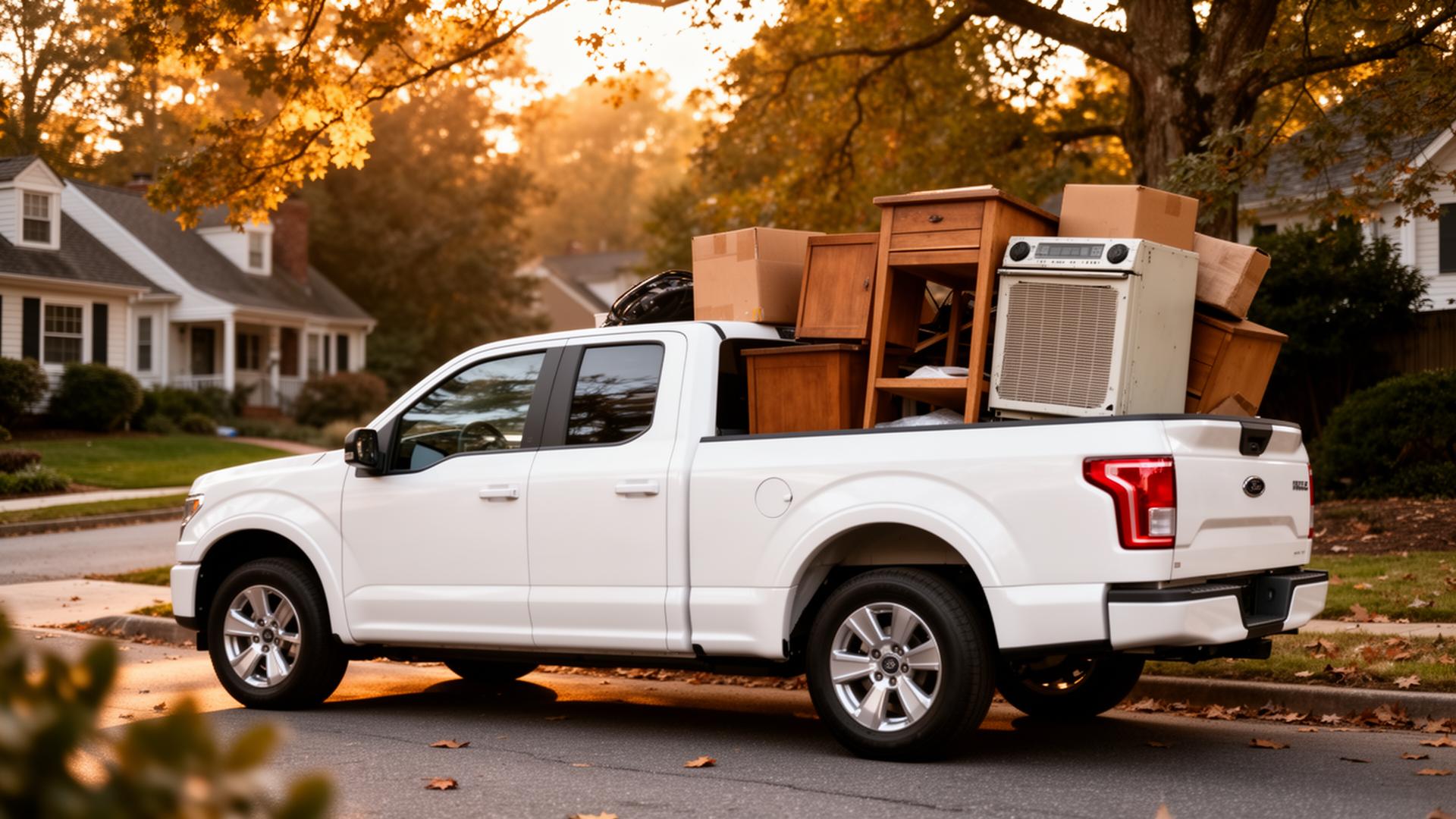 White pickup truck loaded with old furniture and an appliance in a Richmond, Virginia neighborhood